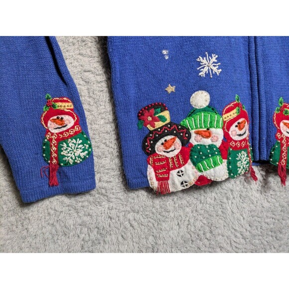 Heirloom Collections Blue Snowman Cardigan Sweater Faux Fur Collar Size Large - Picture 2 of 9